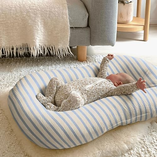 Image of guruixu Muslin Baby Lounger Cover 2 Pack, 100% Cotton Soft & Breathable Infant Replacement Slipcover, Compatible with Snuggle Me Newborn Lounger (Tradewinds,Blue Stripe)