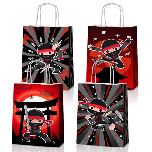 JOYGATHER 24 Pcs Ninja Party Favors Bags with Handles, Ninja Themed Goodie Gift Candy Treat Bags with 4 Different Types for Birthday Party