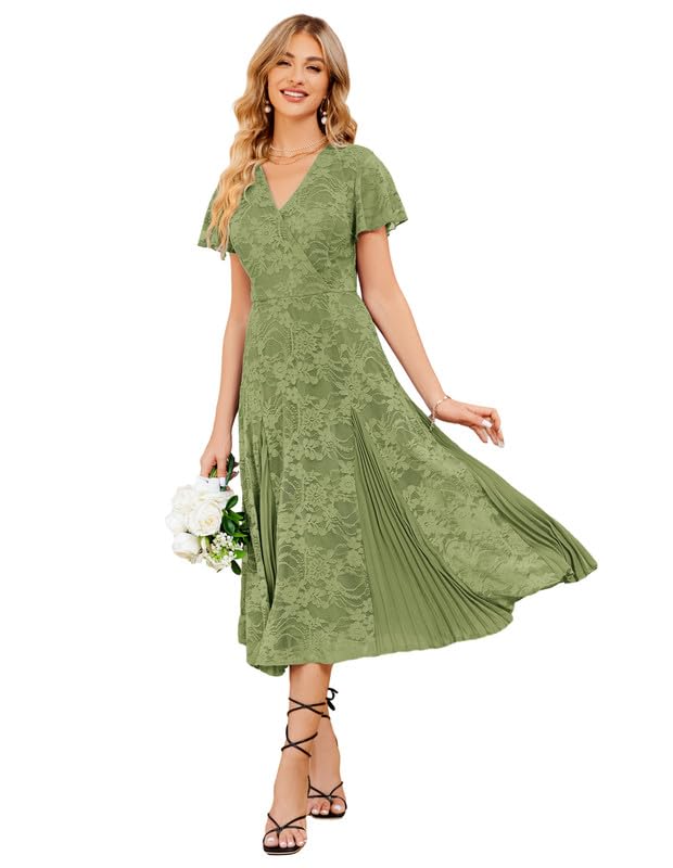 JASAMBAC Vestido midi de encaje floral para mujer, manga corta, cuello en V, plisado, acampanado, vestido de invitada de boda, verde, XL