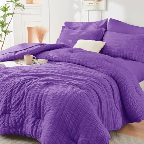 Image of HYMOKEGE Bright Purple Full Size Comforter Sets Seersucker 7 Pieces, All Season Luxury Bed in a Bag for Bedroom, Bedding Set with Comforter, Sheets, Pillowcases & Shams
