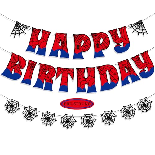 Image of Pre-Strung Spider Happy Birthday Banner, Spider Birthday Decorations for Kids Party Supplies