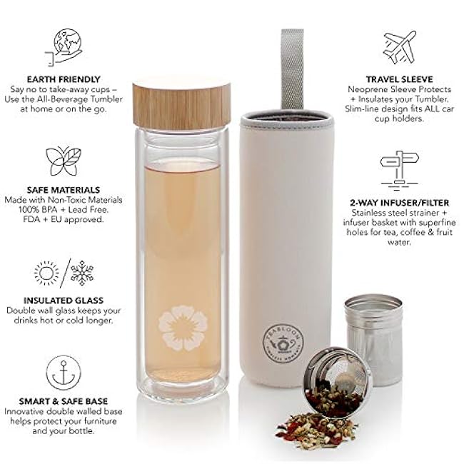 Teabloom All-Beverage Tumbler ¨C 15 oz / 450 ml ¨C Tempered Glass Travel Bottle ¨C Hot and Cold Tea Infuser ¨C Cold-Brew Coffee ¨C Fruit-Infused Water ¨C Tea Tumbler ¨C The Pathfinder