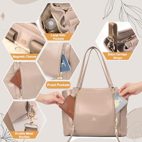 Image of miss fong Diaper Bag Tote Leather Diaper Bag Backpack, Large Capacity Mommy Bag Hospital Bag, 12 Pockets Travel Diaper Tote with Changing Pad Panaleras Para Bebe for Moms & Dad-Khaki