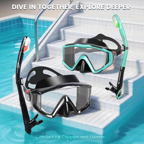 Snorkel Set Pano 3 Window Adult Snorkeling Gear, Professional Snorkel Goggles Anti-Fog Diving Mask, Anti-Leak Swim Goggles and Dry Top Snorkel for Diving, Snorkeling, Swimming (Black+Aqua 2 Pack) by EXP VISION - Image 8