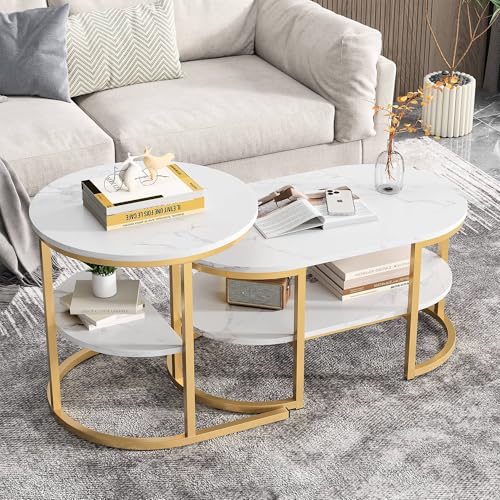 Lot de 2 tables basses 2-en-1 effet marbre, BursDany