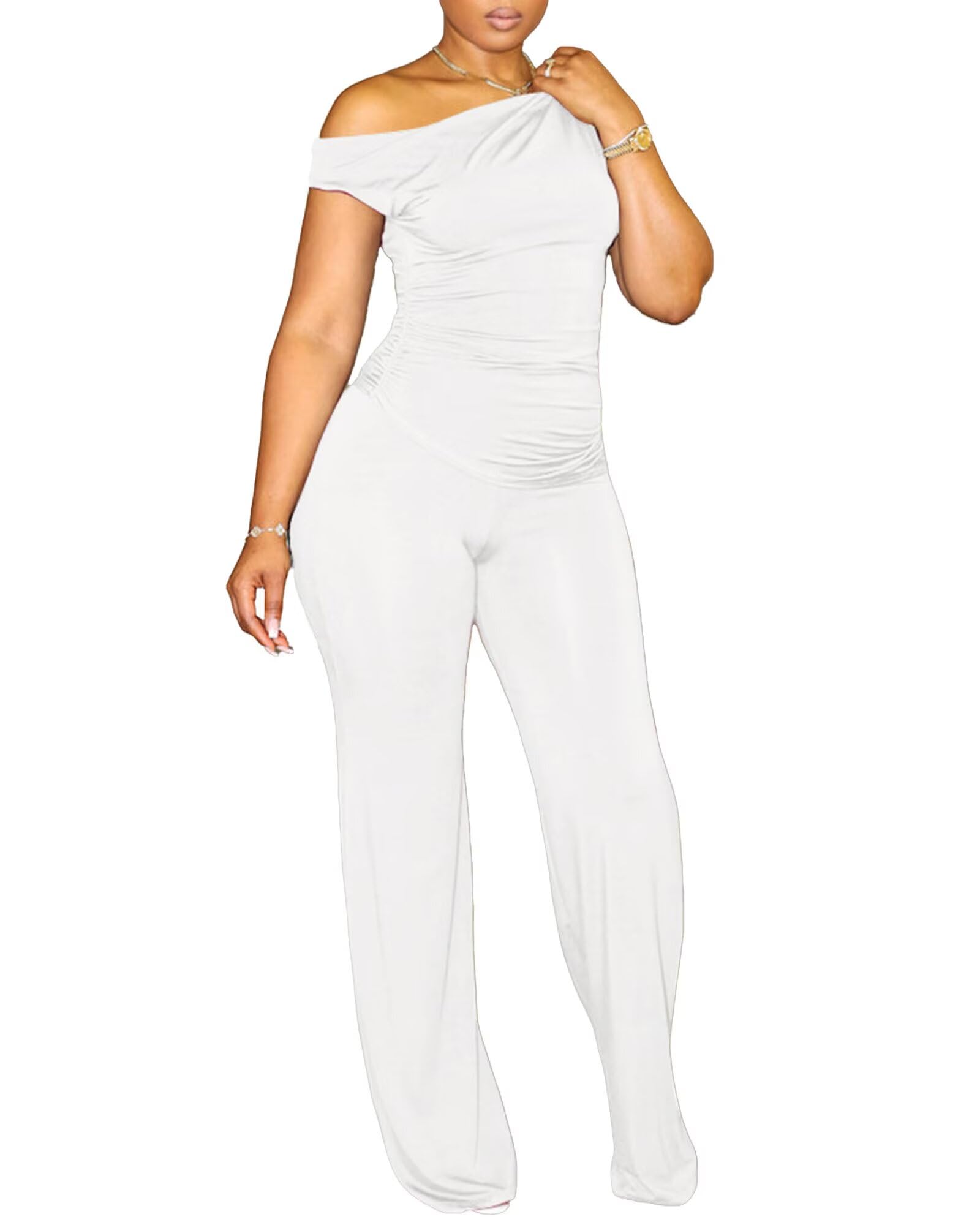 CXXQ 2 Piece Club Outfits for Women Clubwear Sexy Off Shoulder Ruched Crop Tops Bodycon Wide Leg Pant Sets Pantsuits