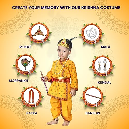 Image of Kaku Fancy Dresses Krishna Metal, Cotton Costume for Kids, Baby Dress for Janmashtami, Kanha Dress, Krishnaleela Costume, Infant Bal Gopal, Fancy Dress Costume for Boys /Girls (Yellow, 6-12 Months)