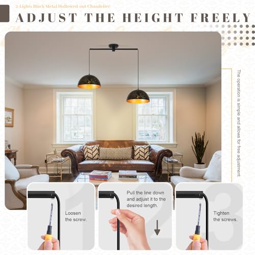 Image of 2-Light Black Linear Pendant Light, Metal Hanging Lamp Matte Finish