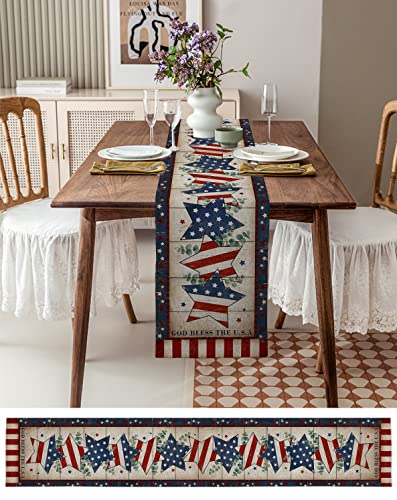 Independence Day Table Runner 90 Inches Length,Vintage Patriotic Star Eucalyptus Leaves Wood Grain Table Runners Dresser Scarf Tabletop Decor For Indoor Outdoor Parties/Ceremony/Banquet #TOP2