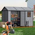 Pipleo 8x10 FT Outdoor Storage Resin Shed with Floor, All-Weather Plastic Garden Shed with Lockable Door & Windows, Waterproof Tool Shed for Backyard, Patio, Lawn, Tools Storage - Wood Grain