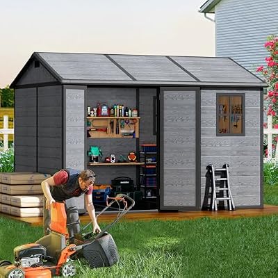 Pipleo 8x10 FT Outdoor Storage Resin Shed with Floor, All-Weather Plastic Garden Shed with Lockable Door & Windows, Waterproof Tool Shed for Backyard, Patio, Lawn, Tools Storage - Wood Grain