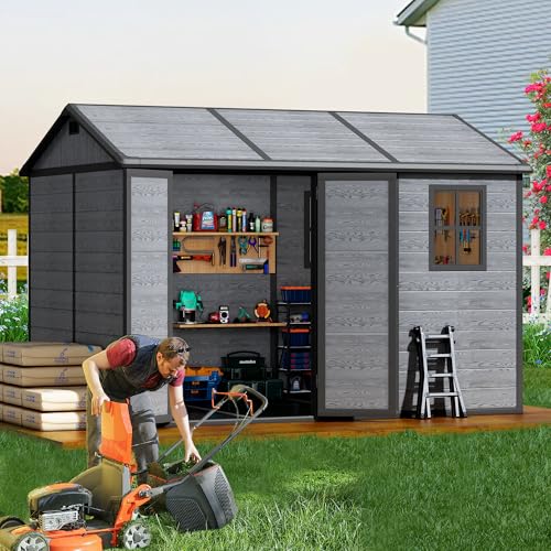 Pipleo 8x10 FT Outdoor Storage Resin Shed with Floor All-Weather Plastic Garden Shed with Lockable Door & Windows Waterproof Tool Shed for Backyard Patio Lawn Tools Storage - Wood Grain