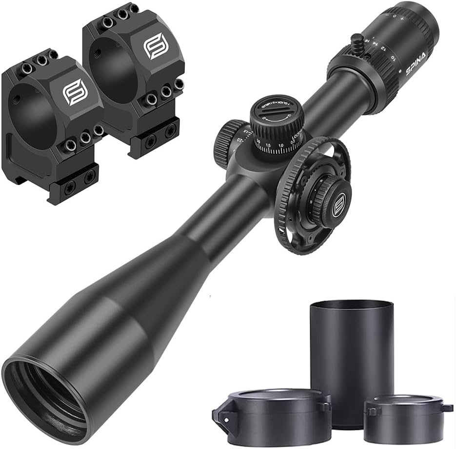 SPINA OPTICS 6-24x50E FFP II Rifle Scopes First Focal Plane (FFP) Riflescope with Red MRAD Precision Tree Reticle and Sunshade