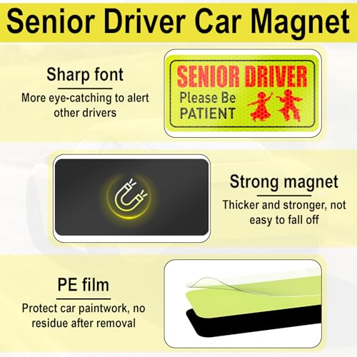4 PCS Senior Driver Stickers, Senior Driver Car Magnet, Reflective Magnetic Safety Sign, Please Be Patient Seniors Drivers Magnet for Old People Gifts, Safe Decals for Cars Bumper, Car Accessories