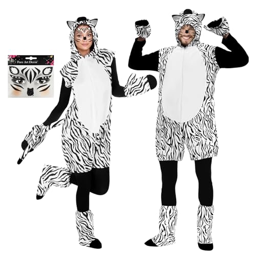 YODITI Disfraz de cebra para mujer, hombre y adulto: disfraz de animal para mujer, disfraz de jungla, unisex para adultos, con orejas y cola, mono de animales para carnaval, fiesta temática