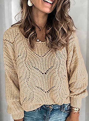 Dokotoo Womens Juniors Crewneck Fall Sweaters For Women Long Sleeve Solid Hollow Out Fashion Casual Loose Plain Chunky Knit Pullover Sweaters For Women Jumper Outerwear Khaki Medium #TOP1