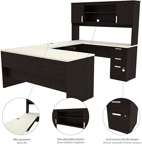 Miniatura 8 de Bestar Ridgeley - Escritorio ejecutivo en forma de U con pedestal y cabaña 65 W color chocolate blanco Chocolate scuro, Blanco (White Chocolate)