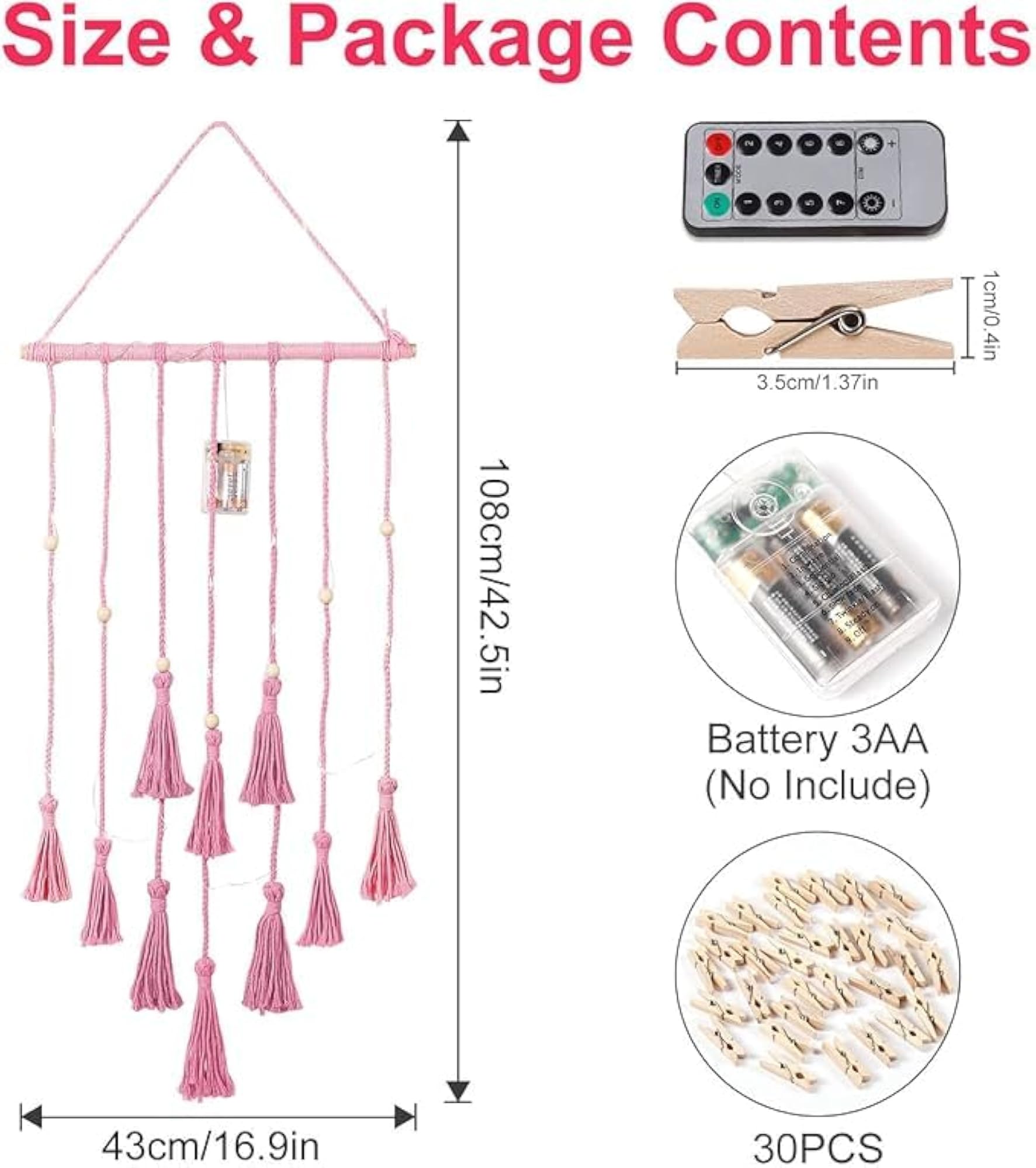 Boho Macrame Hanging Photo Display with Lights, 30 Clips