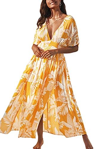 CUPSHE Maxi Dress for Women Summer Empire Waist V Neck Split Short Sleeves Yellow Floral Printed, L