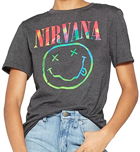 Nirvana Women's Short-Sleeve Neon Smile Boyfriend Graphic T-Shirt (Black) (Large (L)) Nirvana Women's Short-Sleeve Neon Smile Boyfriend Graphic T-Shirt (Black) (Large (L))
