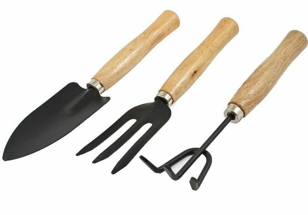 Gardening Tools 3 Piece Set, Metal and Wooden Handle, Includes Spade, Leaf Rake, and Shovel