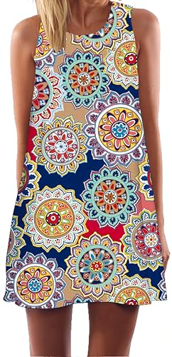 Ocean Plus Mujer Verano Mini Sin Mangas Tops De Colores Vestidos De Paval Real Vestidos De Playa Vestido Corto De Línea A Sin Mangas (XXL (EU 42-44), Rueda de Flores Coloridas)