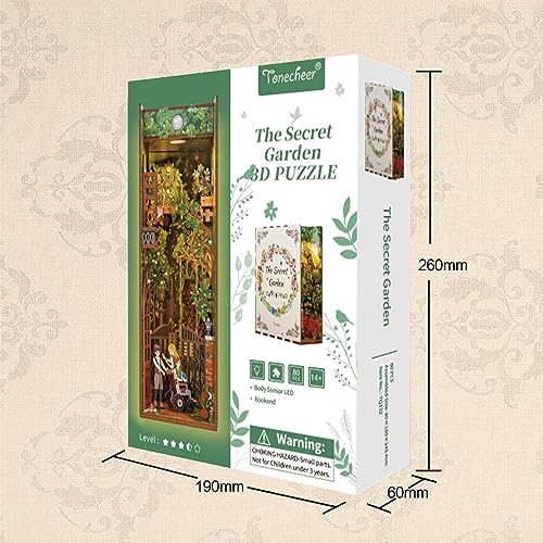 Image of Tonecheer DIY Book Nook Kit for Adults, 3D Wooden Puzzle Bookend Bookshelf Insert Decor, Booknook Miniature House Kit with Body Motion Sensor LED Light (The Secret Garden)