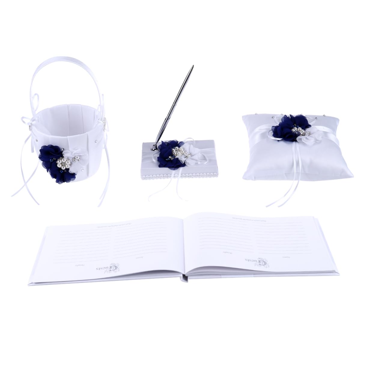 HOLIDYOYO 4pcs Wedding Ring Pillow Set Flower Basket Notebook Pen Holder Bride Flower for Western Ceremony