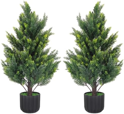 2.3FT Tall Artificial Cedar Topiary Trees Set of 2, Artificial UV Resistant Potted Plants, Faux Bushes Fake Shrubs for Outdoor Indoor Home Entryway Front Porch Garden Patio Offices Living Room Decor