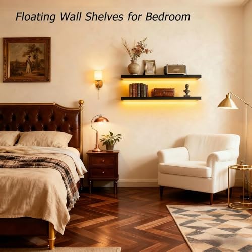 Image of ROGMARS Black Floating Shelves for Wall with Led Light 36 Inches Long,Rustic Solid Wood Farmhouse Wall Shelves with Invisible Brackets for Bedroom, Living Room, Kitchen, Bathroom Set of 2
