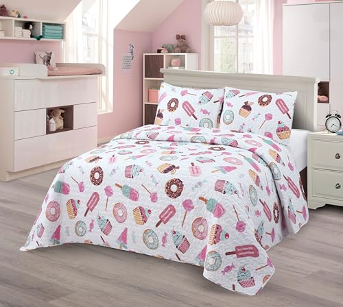 Kidz Zone Collection Bedspread Set Kids/Teens Sweet Treats Kids Bedding Set, White with Pink Donuts and Ice Cream Print Twin New # Donuts
