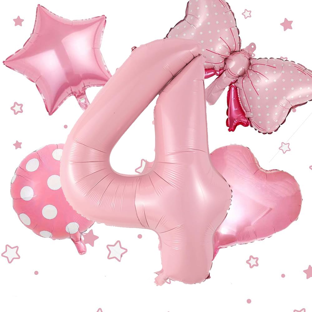 40 inch Number 4 Balloon with Bow Pink Happy Birthday Pink Mouse Jumbo Number Balloon for Girls Daughter Birthday Decorations Party Supplies (4)