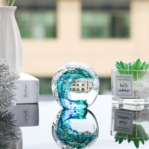 Qianwei Hand Blown Ocean Waves Crystal Ball - Glass Collectible Figurines Spere - Paperweight Glass Ball Aquarium DecorOffice Decor Ocean Lovers