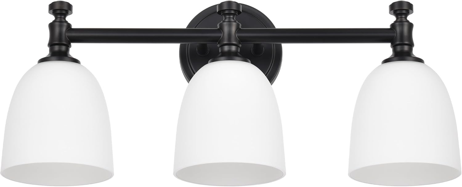 Black Bathroom Vanity Light, 3-Light Bathroom Light Fixtures Over Mirror, Traditional Vanity Lights for Living Room, Milk White Bell Glass Shades, Standard E26 Base, Matte Black Matte Black 3-Light