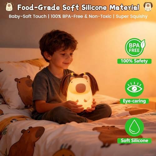 Image of FAMIDUO Cute Capybara Night Light, DIY Hairstyle & Squishy Silicone Lamp | Rechargeable Tap-Control Bedside Lamp,Soft Squishy Silicone Nursery Light for Boys & Girls,Cute Room Decor,Funny Xmas Gift