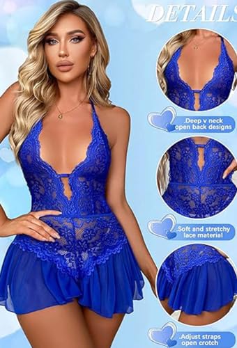 Rayson-Conjunto-de-Lenceria-con-Meida-Mujer-Encaje-Ropa-Interior-Cuello-en-V-Babydoll-Body-Ropa-de-Dormir-Sin-Espalda-Camisones