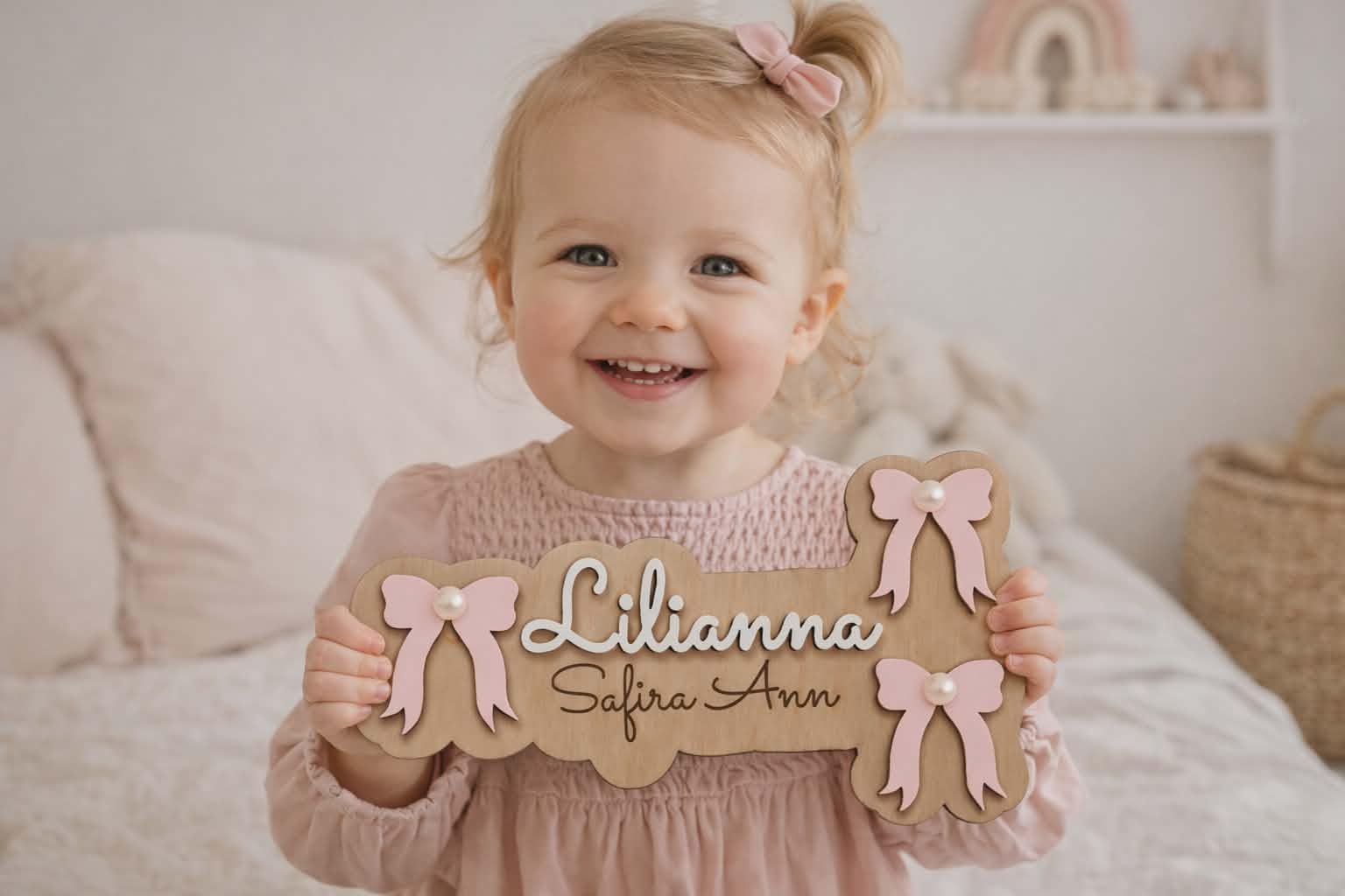 Personalised Layered Wooden Name Sign with Bow and Pearls, Hand Painted Custom Girls Bedroom Door Plaque, Nursery Door Decor, 3D Kids Room Wall Art, Playroom Decor