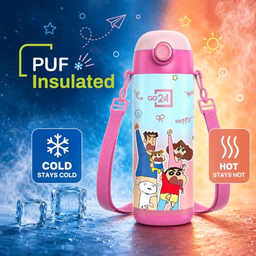 Image of Go24 pexpo Crayon Shinchan ISI Certified Stainless Steel Water Bottle for School Kids - 300ml | Hot & Cold Vacuum Insulated Flask|Leak Proof | Carry Strap | School, Picnic, Sports - Pink Nohara Family