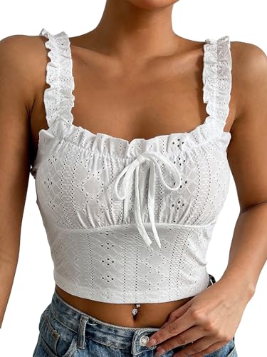 SHENHE Women's Spaghetti Strap Eyelet Embroidery Summer Sleeveless Crop Tank Cute Top White Medium