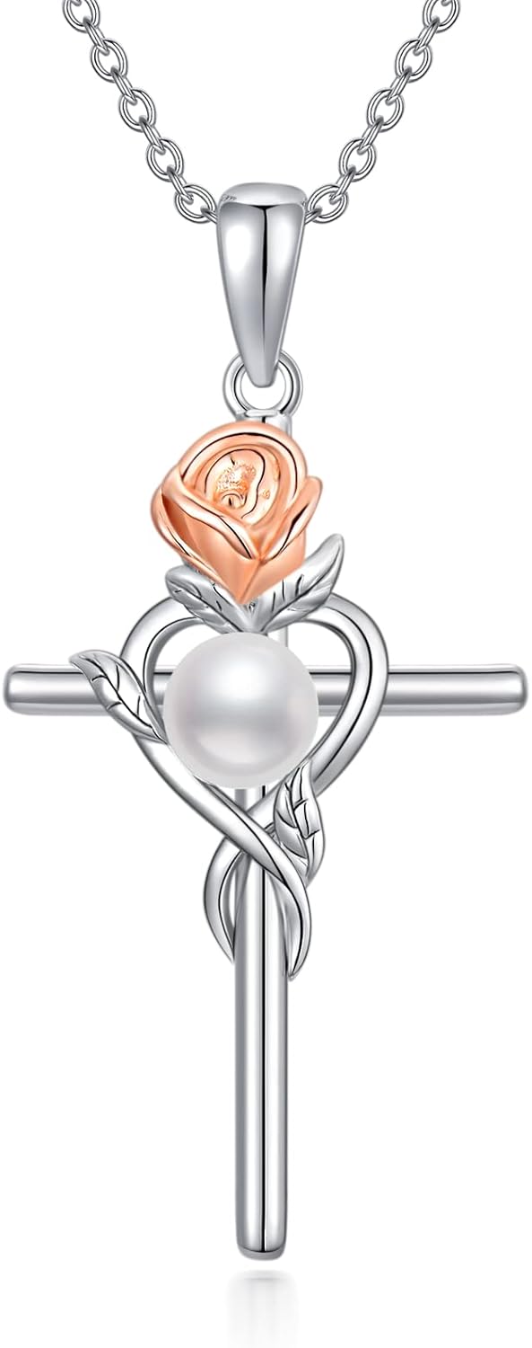 S925 Sterling Silver Infinity Cross Necklace for Women Dainty Single Pearl Pendant Jewelry Rose Flower Crosses Necklaces Birthday Graduation Christmas Valentines Gifts for Mom Wife Girlfriend