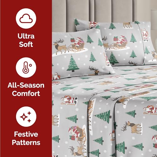 Split King Christmas Santa’s Sleigh Sheet Set - Holiday Xmas Pattern Bedding Set - Deep Pockets - Snug Fit - 5 Piece - Wrinkle Free - Cozy Festive Winter Holiday Sheets for Women, Men, Kids & Teens