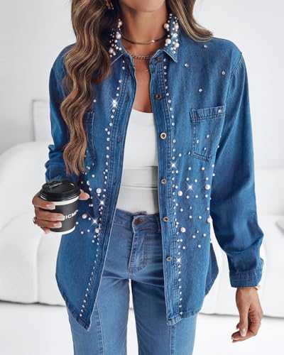CHICME Women’s Pearl Rhinestone Embellished 2025 Denim Shirt Long Sleeve Button Down Turn Down Collar Casual Jean4
