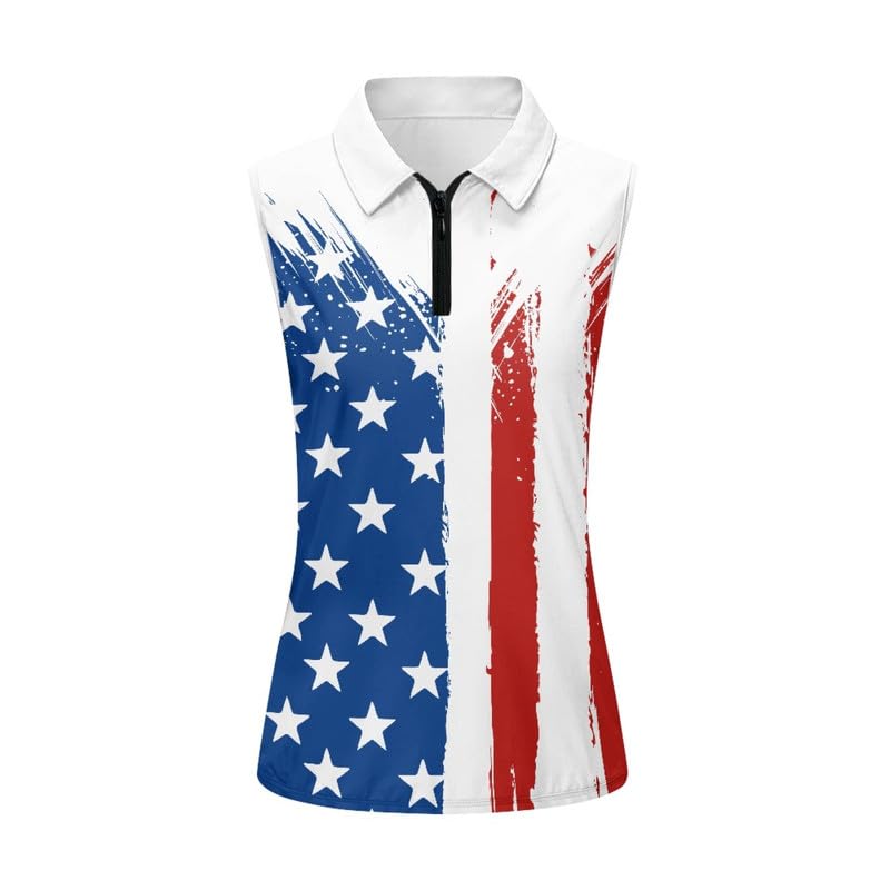 Irisjudy USA Flag Golf Shirts for Women Stars Stripes American Flag Sleeveless Tennis Polo Shirts Outfit, 4TH of July Independence Day Summer Workout Tank Tops Quick Dry