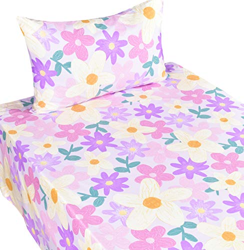 Image of Scientific Sleep Purple Flower Painting Girls 100% Cotton 3 Pcs Twin Bed Sheet Set Kids Toddler Teen, Flat Sheet & Fitted Sheet & Pillowcase Kids Bedding Set (Floret, Twin)