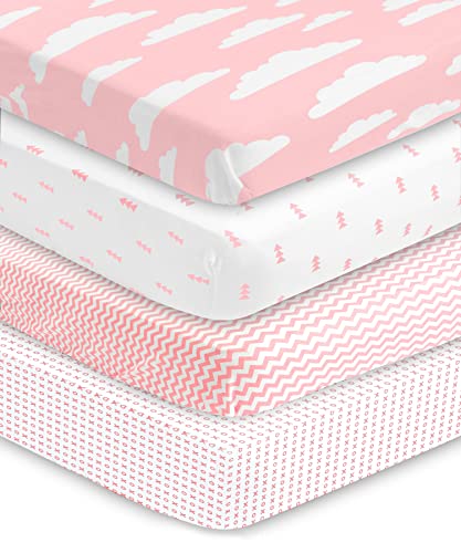 Image of BaeBae Goods Premium Crib Sheets for Baby Girls, 4 Pack, Soft and Breathable Jersey Knit Fitted Sheet Set, Pink and White, Cute Girls Nursery Mattress Bedding, Universal Fit
