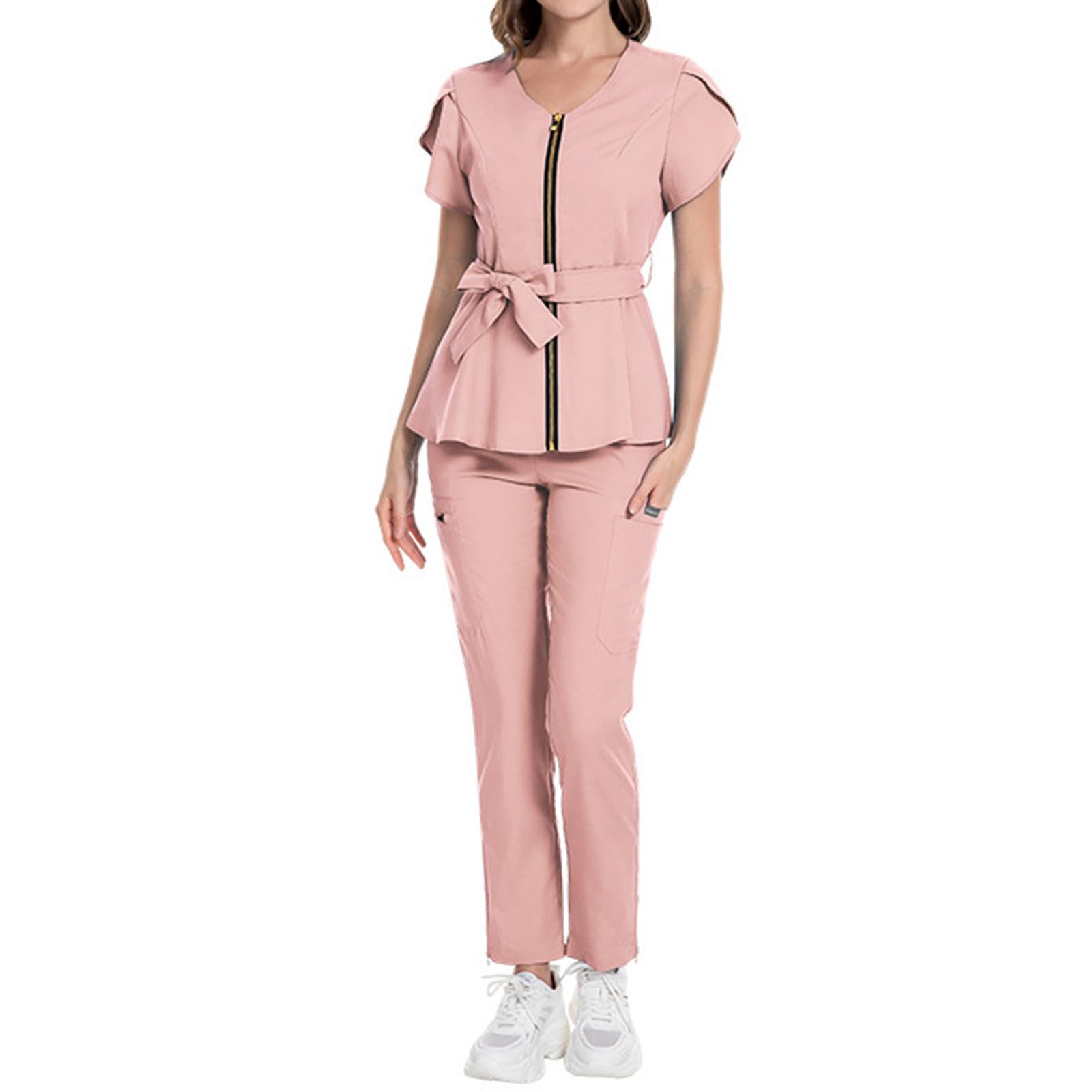 Uniforme mediche da donna, con scollo a V, top con cintura e pantaloni da jogging, vestibilità aderente, abbigliamento da lavoro per infermieri