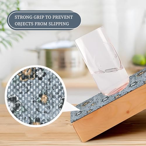 Image of Kuber Industries 5 Meter PVC Anti Slip Roll | Shelf Liners for Kitchen Shelves | Cupboard Liners for Wardrobe | Drawer Mats /Sheets for Cabinets | Black Flower - Grey