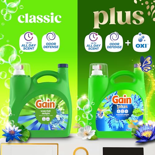 Image of Gain Plus Liquid Laundry Detergent, Cleaner, Fresher, Now with Oxi, Waterfall Delight Scent, 99 fl oz, 75 Loads