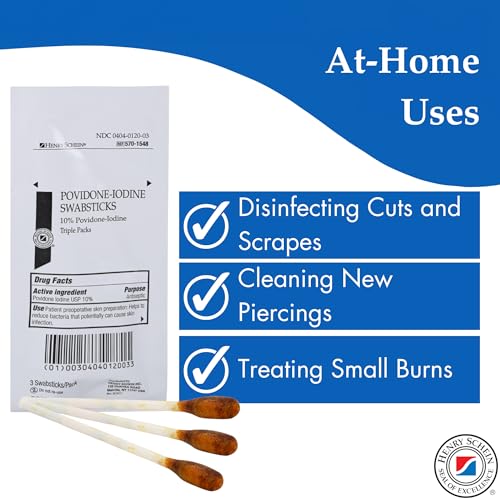 Image of Henry Schein 10% Povidone Iodine Swabstick 3's, Sterile Antiseptic, 250 Ct | Latex Free, Skin Preparation, Triple Packs, 10 Boxes of 25, Individually Packed, Ideal for Home First Aid and Medical Use