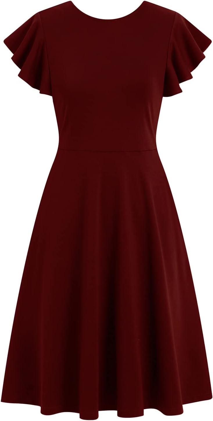 HELYO Women's Semi-Formal Ruffle Sleeves V-Back Work Fit and Flare Cocktail Knee Length Dress with Pockets 842 - Image 4